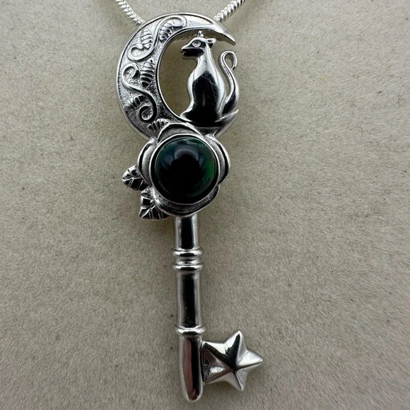 Silver 925 Cat and Moon Key Shape Pendant Necklace on Stainless Steel Chain - Picture 4 of 16